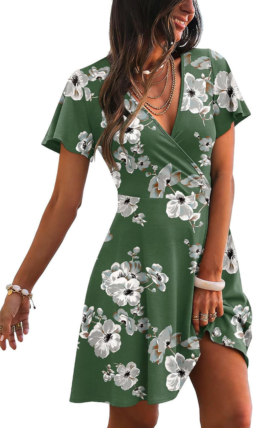 RUMIA Women Casual Dresses Wrap V Neck Dress A-Line Summer Sundress Fashion | Summer Cocktail Dresses Garden Party Outfits Casual Wedding Guest Gowns Graduation Elegant Dinner Dresses