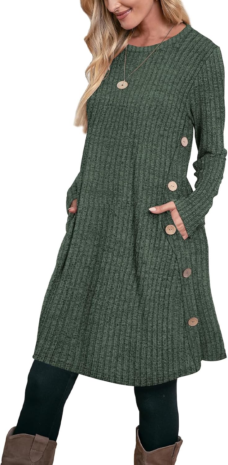 OFEEFAN Fall Dresses for Women 2026 Crew Neck Long Sleeve Dress with Pockets