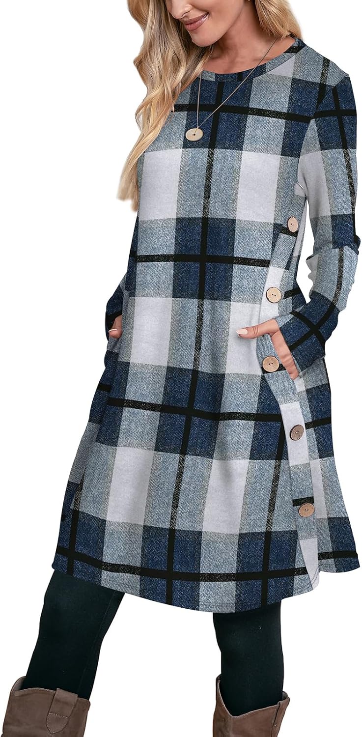 OFEEFAN Fall Dresses for Women 2026 Crew Neck Long Sleeve Dress with Pockets