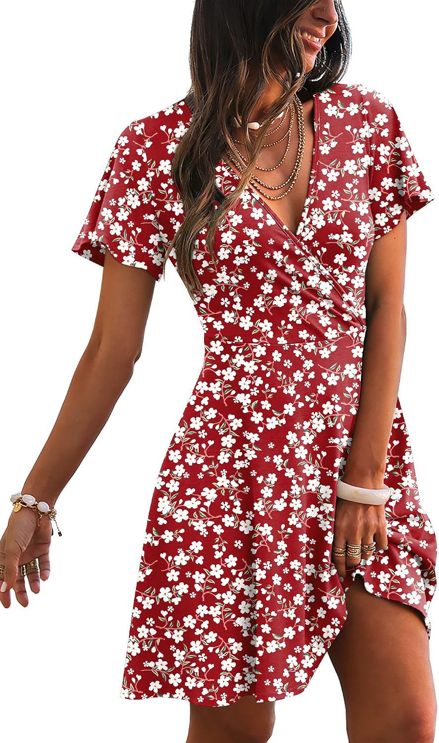 RUMIA Women Casual Dresses Wrap V Neck Dress A-Line Summer Sundress Fashion | Summer Cocktail Dresses Garden Party Outfits Casual Wedding Guest Gowns Graduation Elegant Dinner Dresses