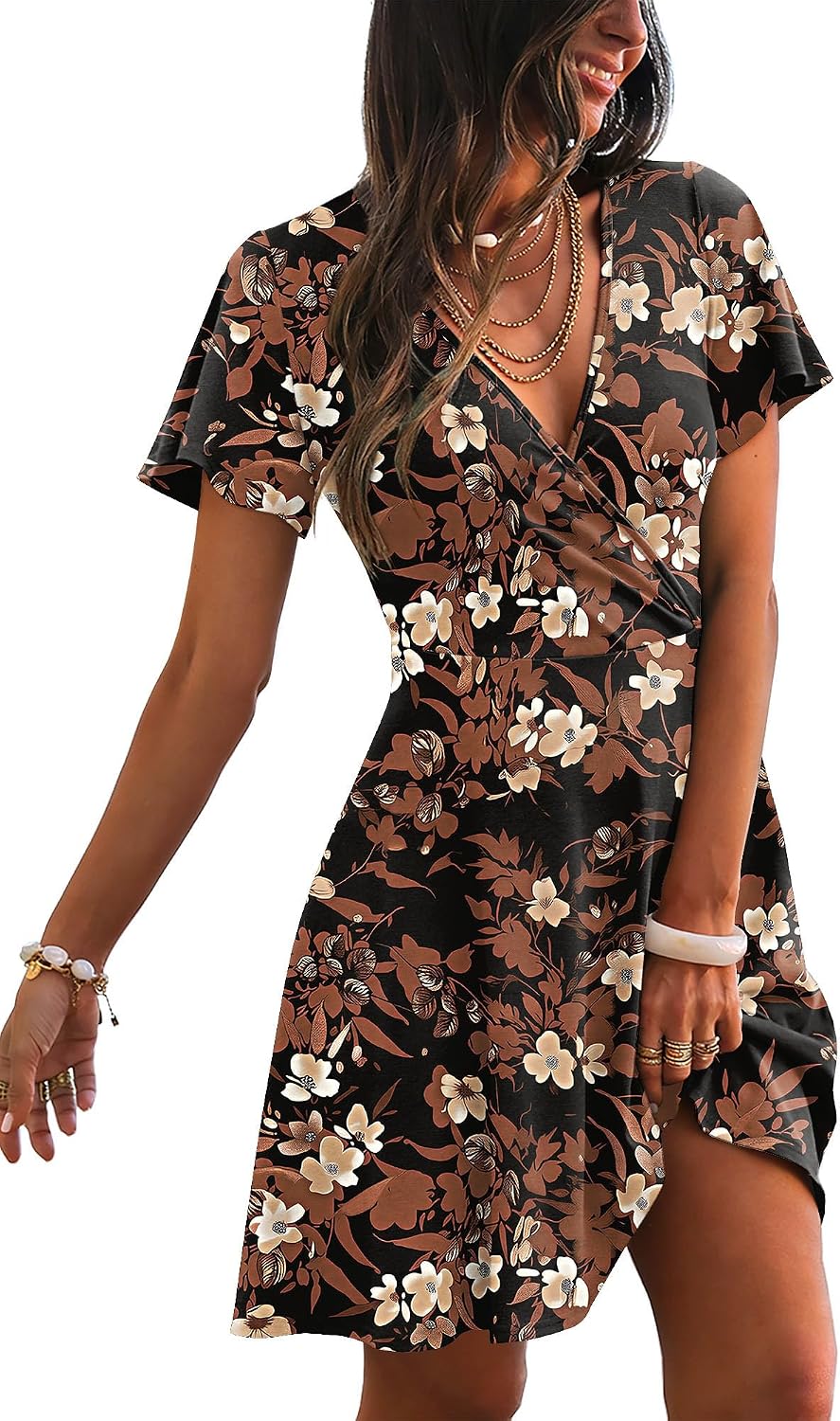 RUMIA Women Casual Dresses Wrap V Neck Dress A-Line Summer Sundress Fashion | Summer Cocktail Dresses Garden Party Outfits Casual Wedding Guest Gowns Graduation Elegant Dinner Dresses